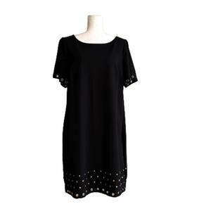 Roz & Ali Black Grommet Rivet Detail Short Sleeve Shift LBD Dress Woman Size 14